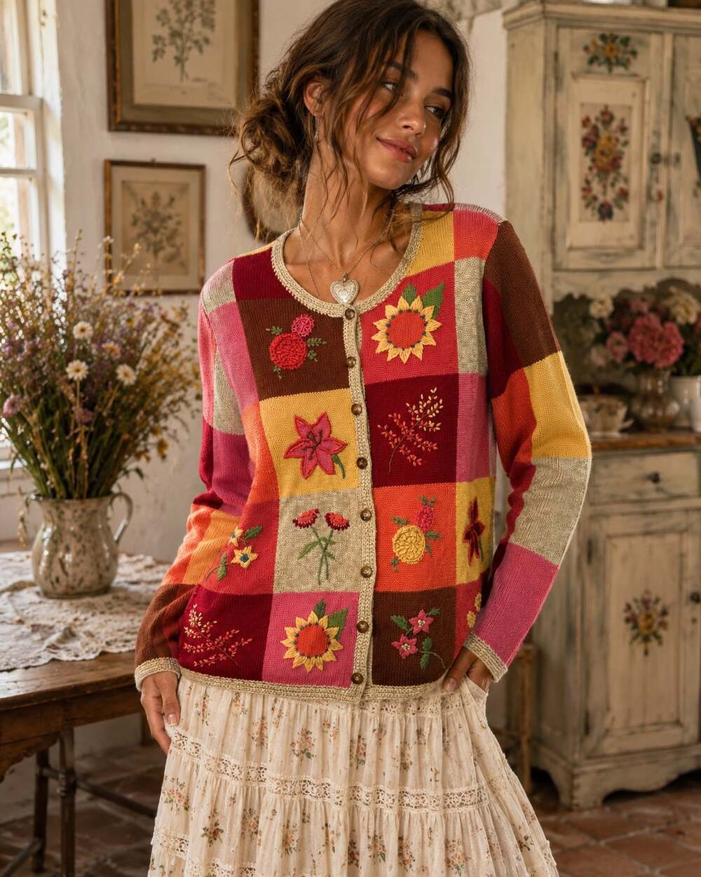 Appleseed’s Floral Patchwork Embroidered Cotton Cardigan Sweater L Cottagecore